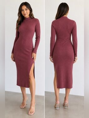 ZESICA Ribbed Knit Midi Sweater Dress Mauve Pink Side Slit Mock Neck NWT Small